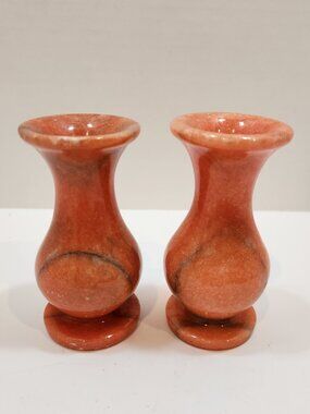 Vintage MCM Handcarved Mini Orange Onyx Marble Bud Vases Set of 2
